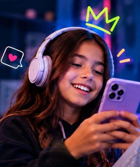 Menina sorrindo com fones de ouvido enquanto usa o celular